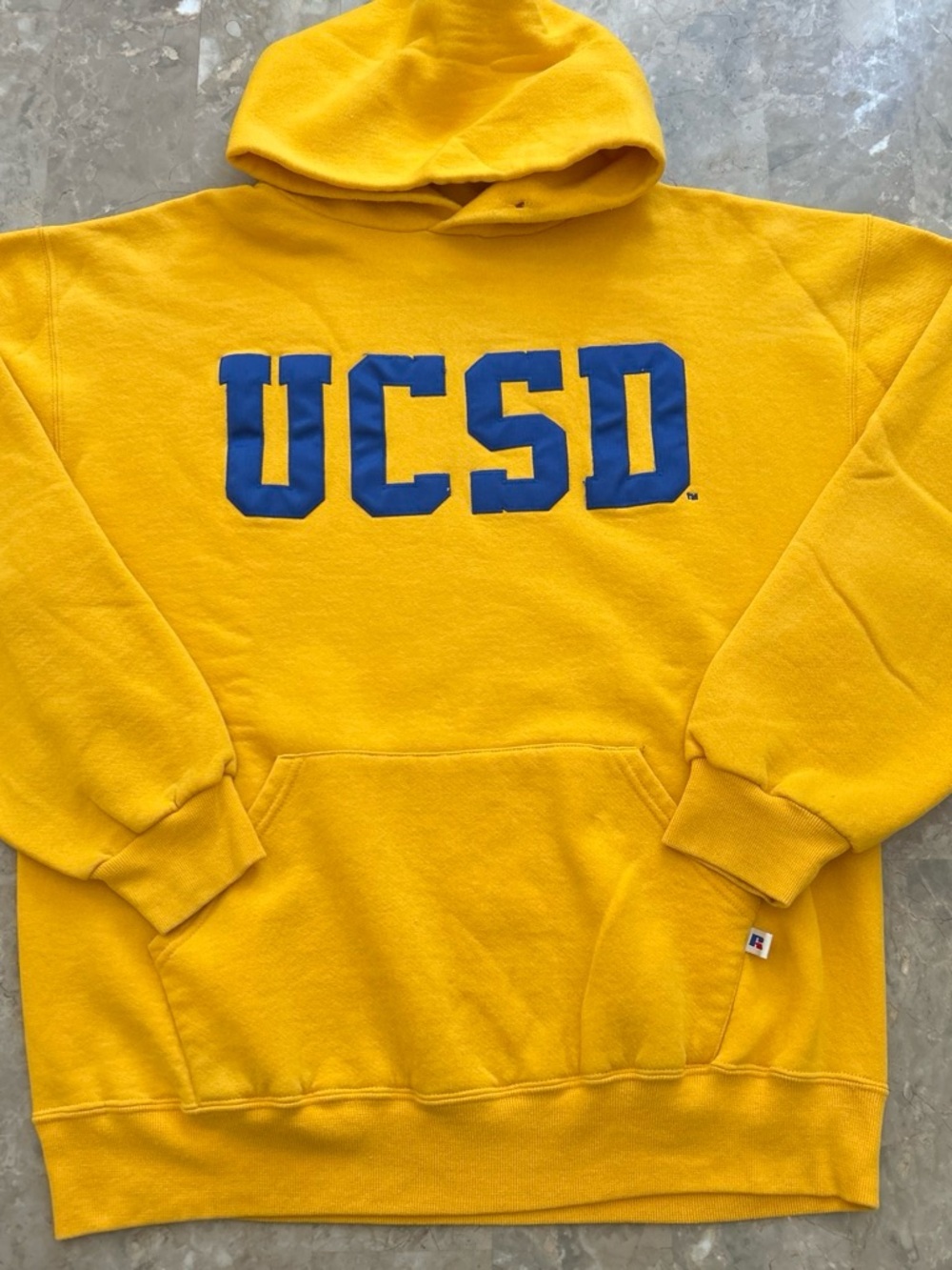 Vintage 1990s Russell Athletic UCSD Hoodie Large Yellow Blue Spellout